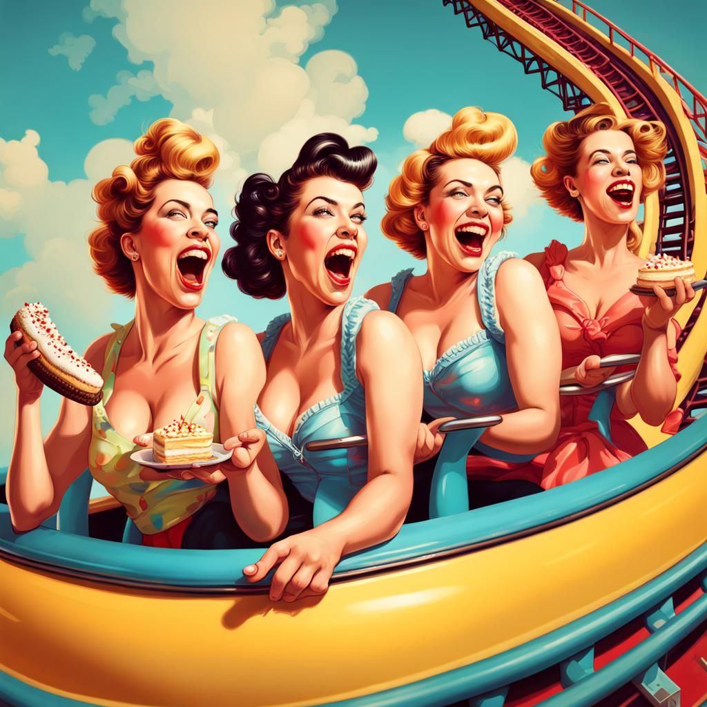 Three-Headed Pinup Woman on a Roller Coaster