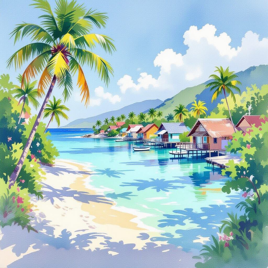 Vibrant Tropical Island Village Watercolor Painting