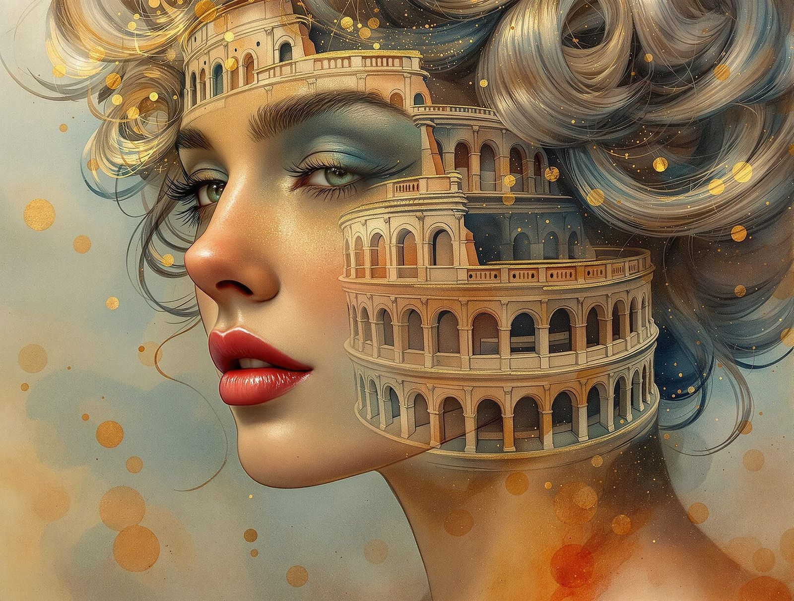 Roman Colosseum Hairstyle: Watercolor Portrait