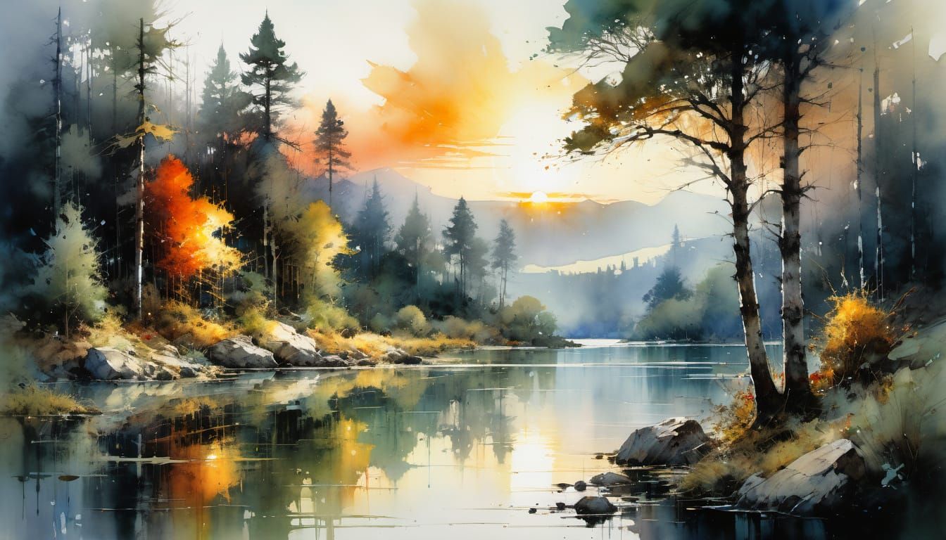 Dramatic Watercolor Forest Scene at Sunset