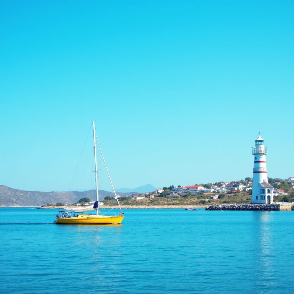 A bright yellow sailboat with a white sail is positioned on ...