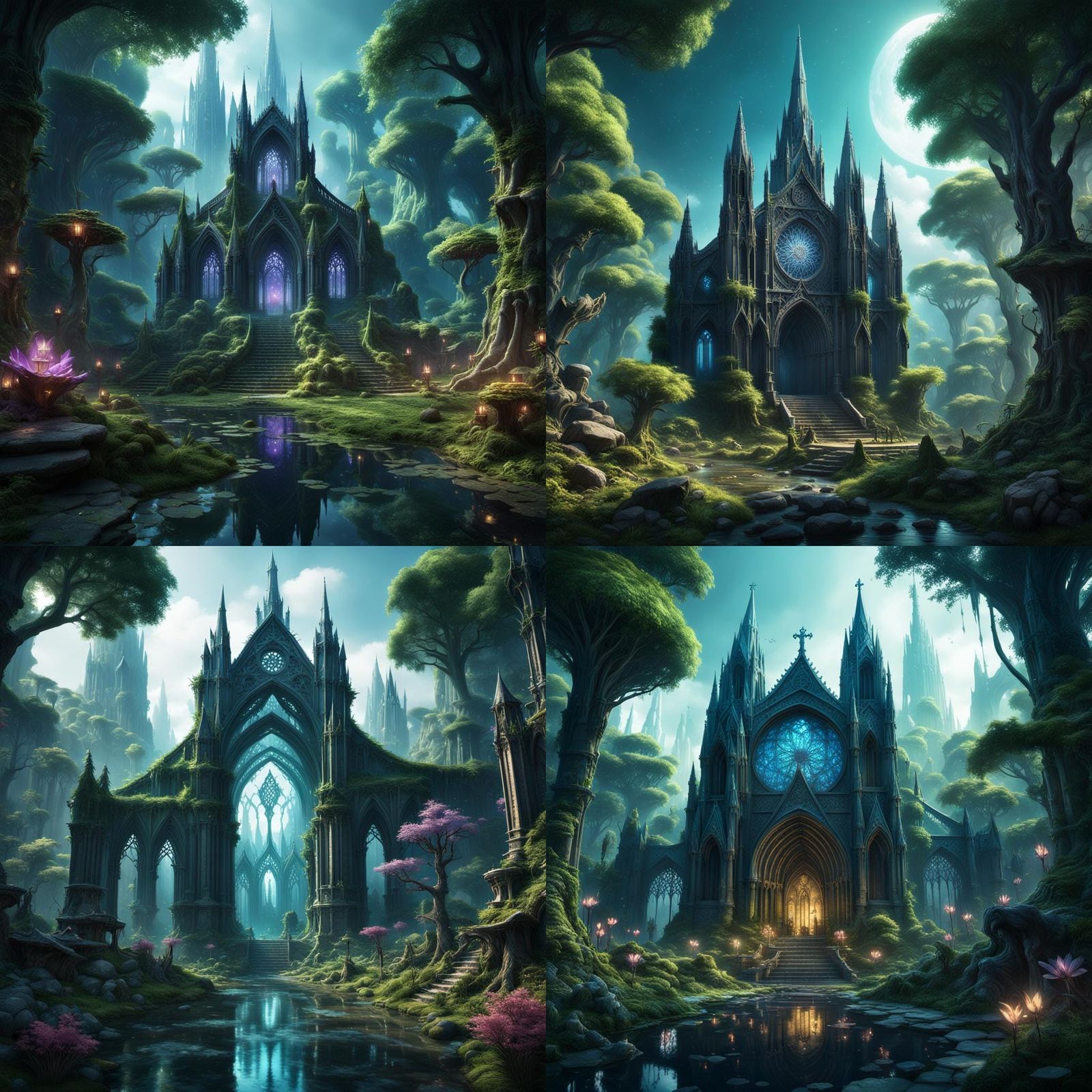 Mystical Forest Cathedral City in Detailed Matte Painting