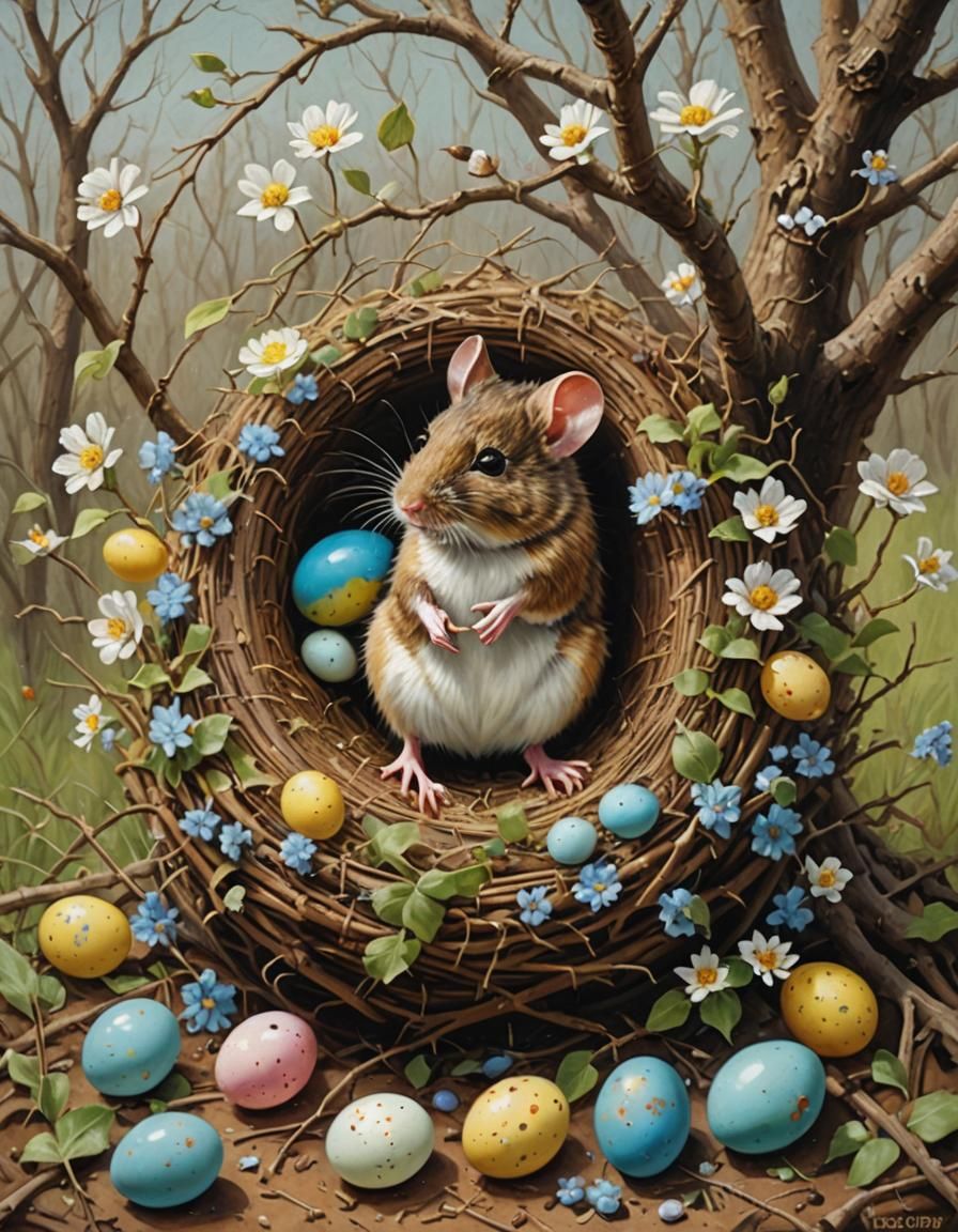 Springtime Mouse Folk Art Easter Scene