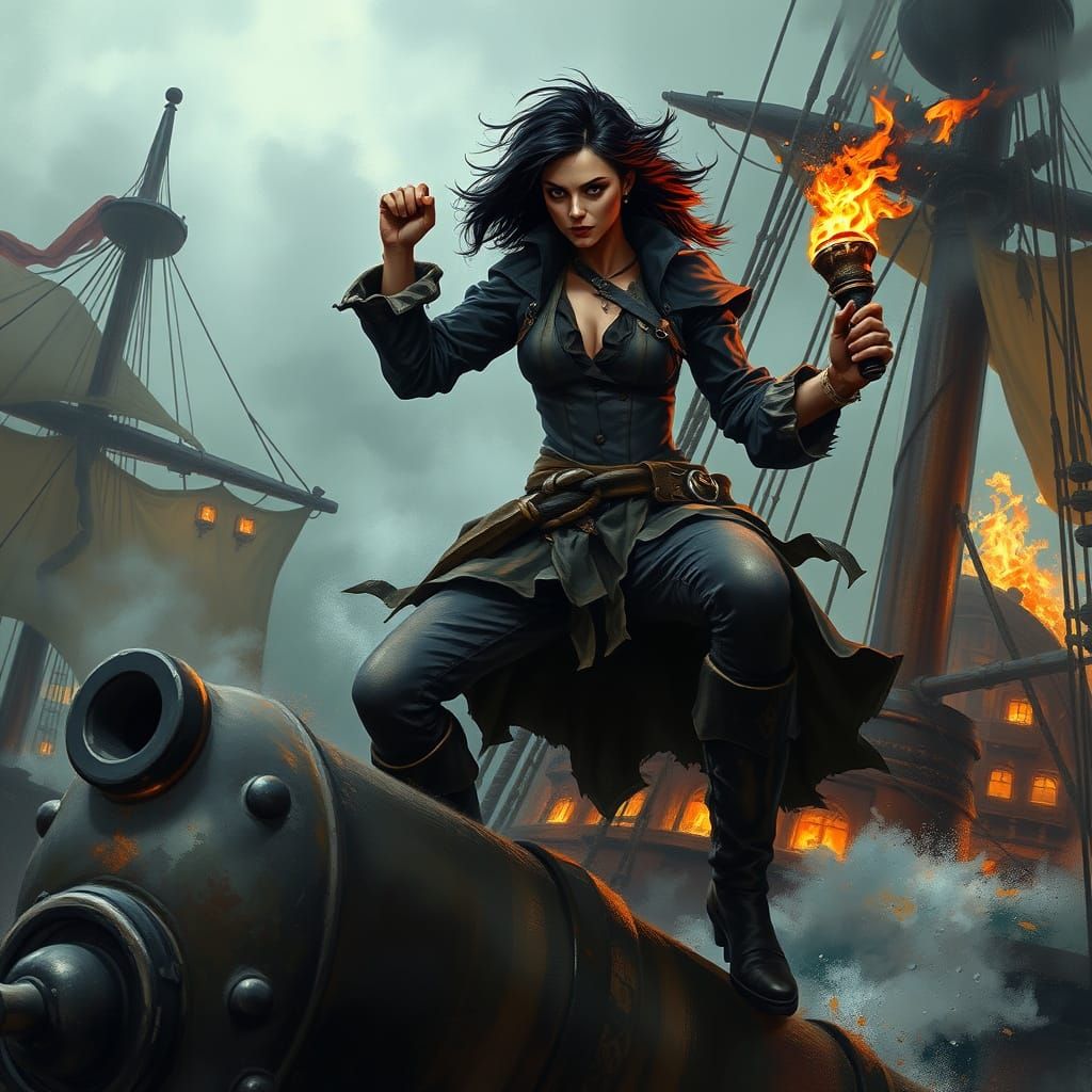 Pirate Woman with Flaming Torch on Ship