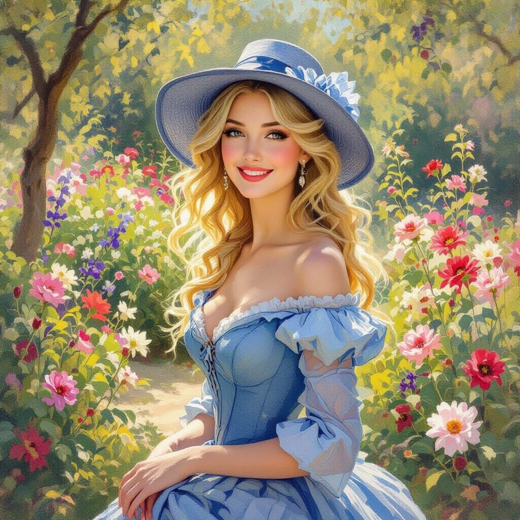 Woman in Garden, Pointillist Impressionism