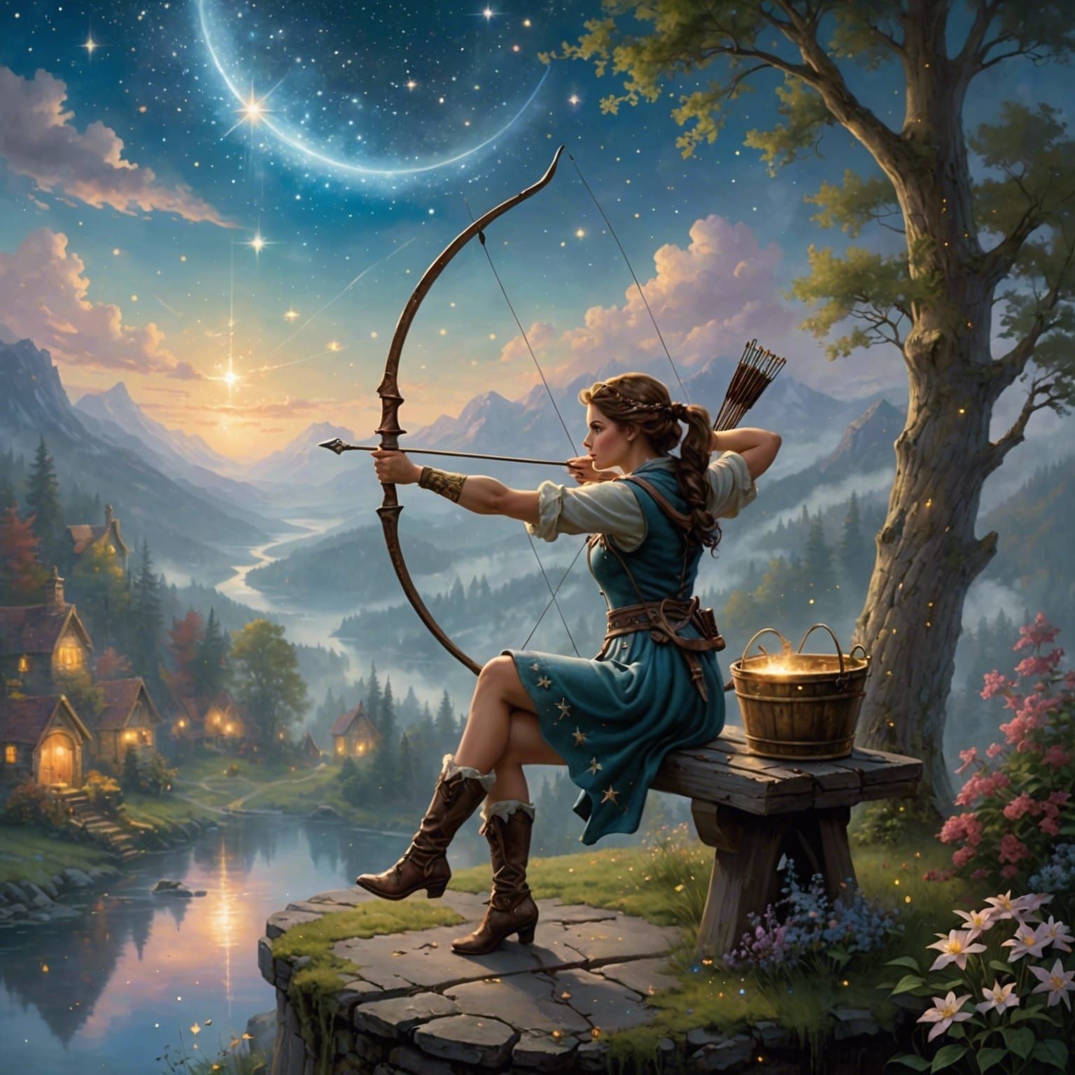Ethereal Archer Targets Stars in Dreamy Landscape