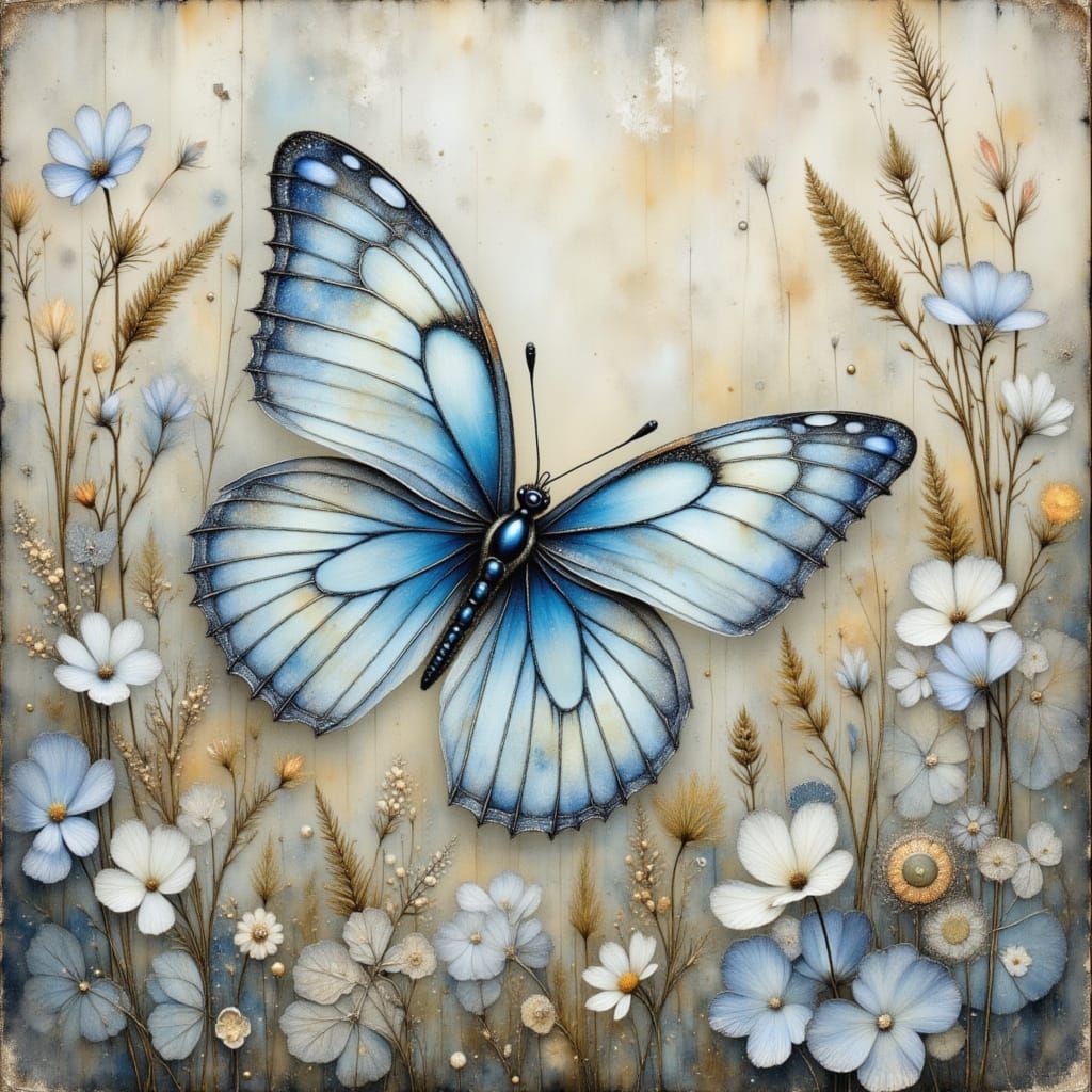 Blue Butterfly on Lace Flowers in Misty Watercolor Style