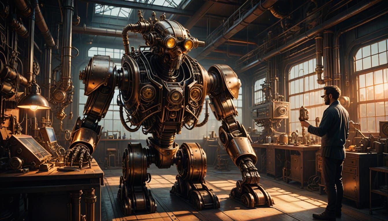 Steampunk Robot Assembled in Industrial Lab
