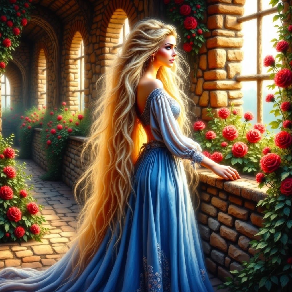 Ethereal Princess in Cobalt Gown within Whimsical Brick Towe...