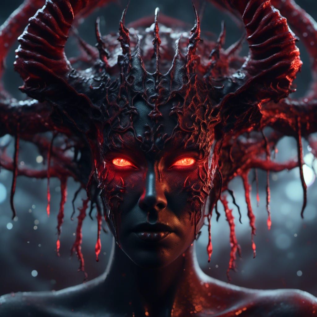 Crimson Demon Queen with Vantablack Tattoos in CGI
