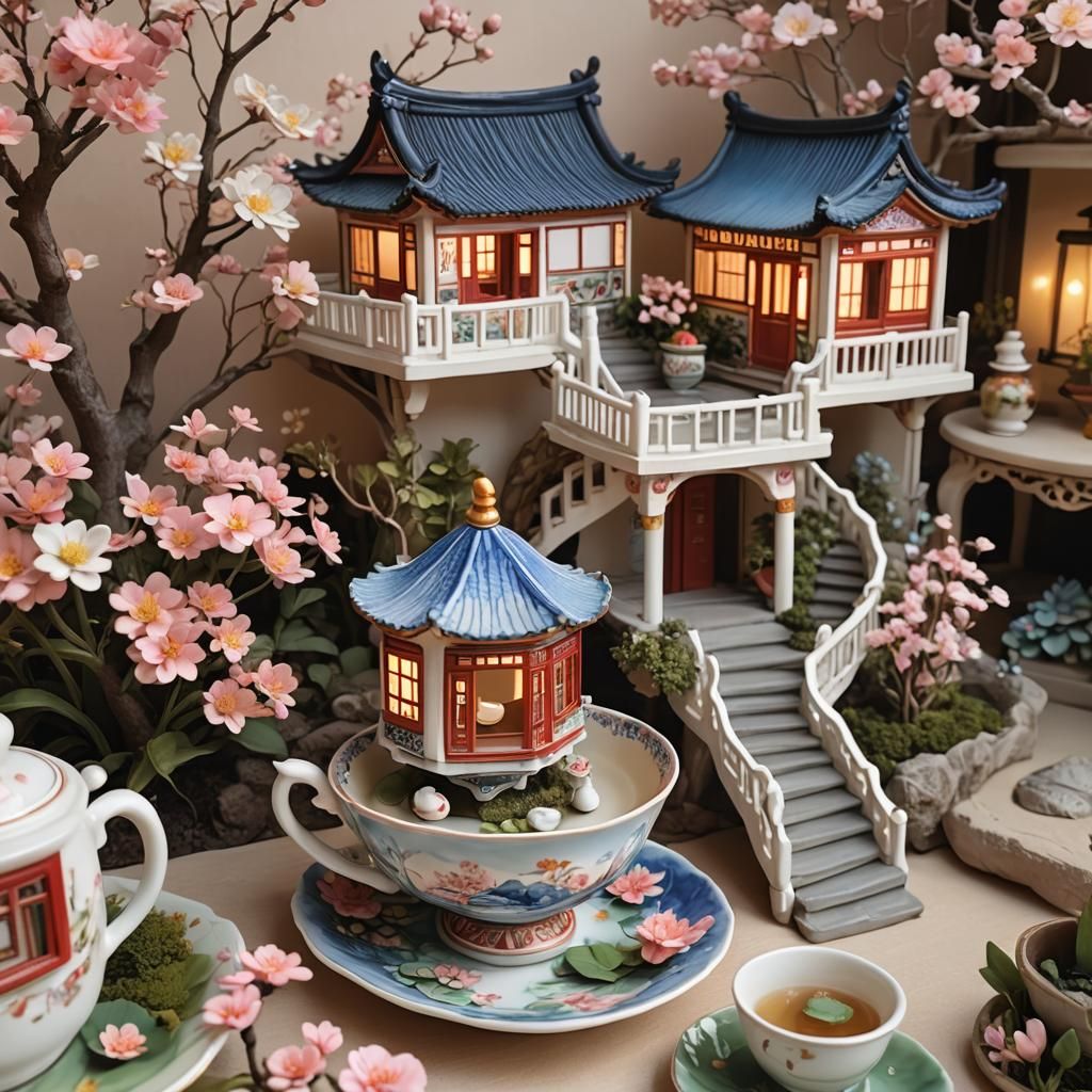 Miniature Chinese Mansion in a Porcelain Teacup