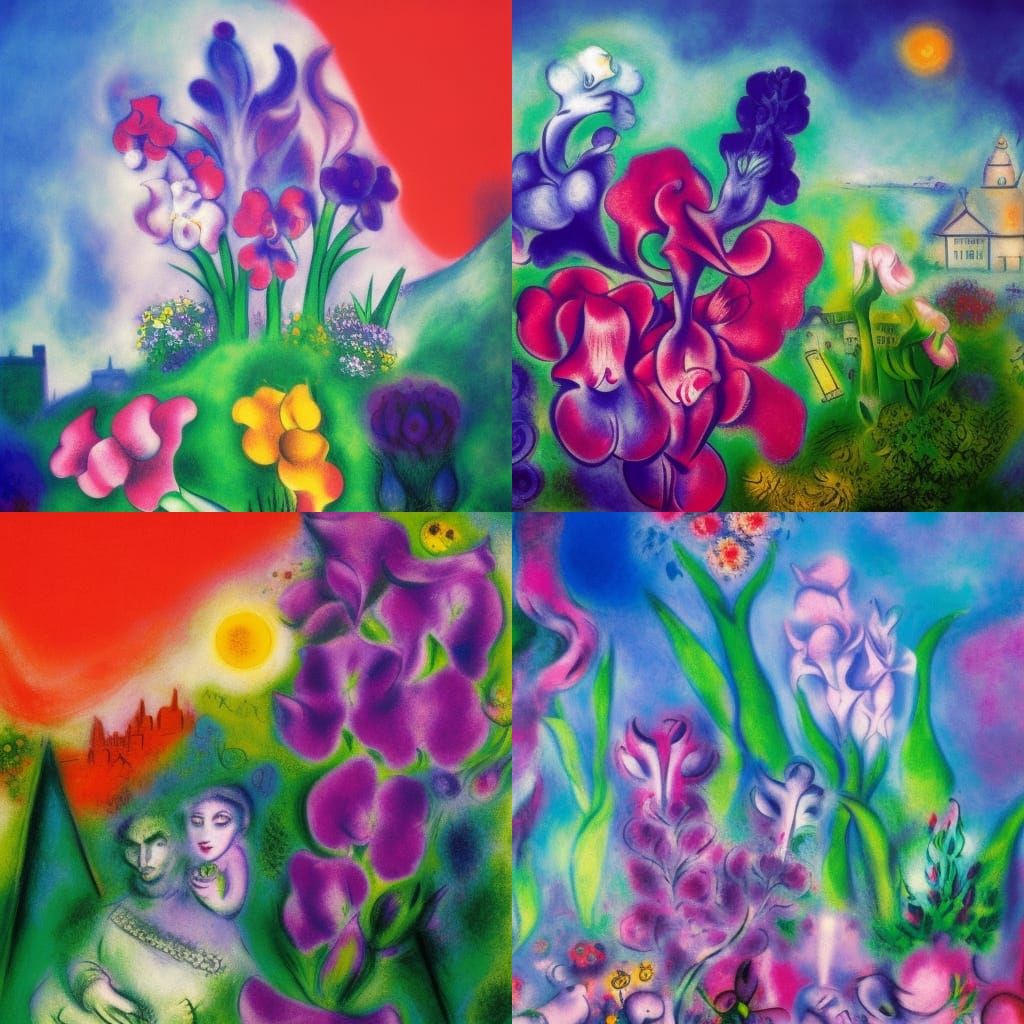 Fantastical Gladiola Flowers in Chagall Style