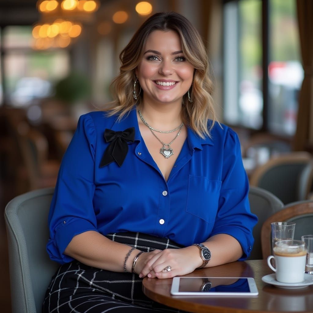 Plus-Size Slovenian Reporter in Blue Blouse at Cafe