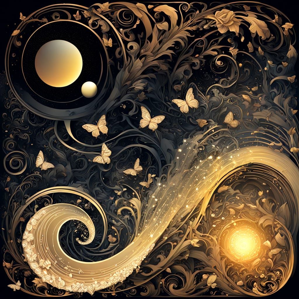 Ying-Yang Butterfly Dance in Art Nouveau Style
