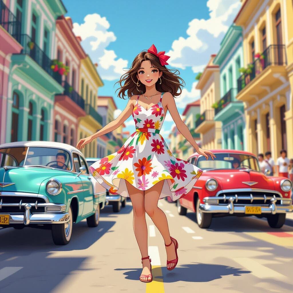 Cuban Woman Dancing in Anime-Style 3D Illustration