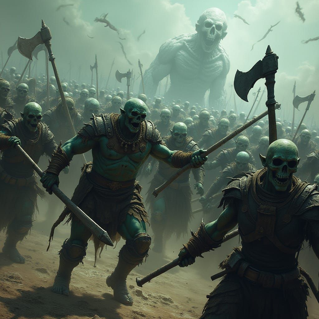 Colossal High Orc Army Battles Undead Legion in Epic Fantasy...