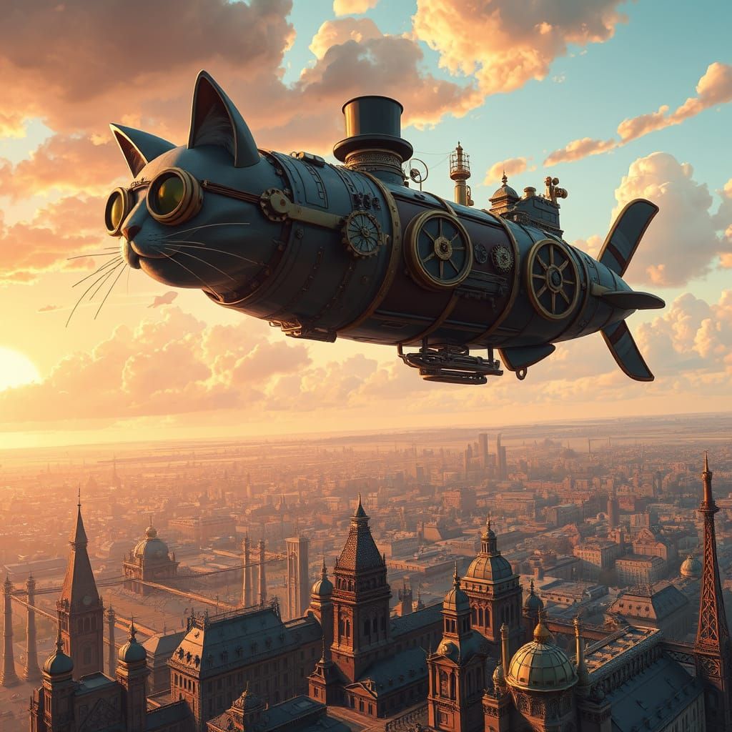 Steampunk Cat Airship Over Victorian City