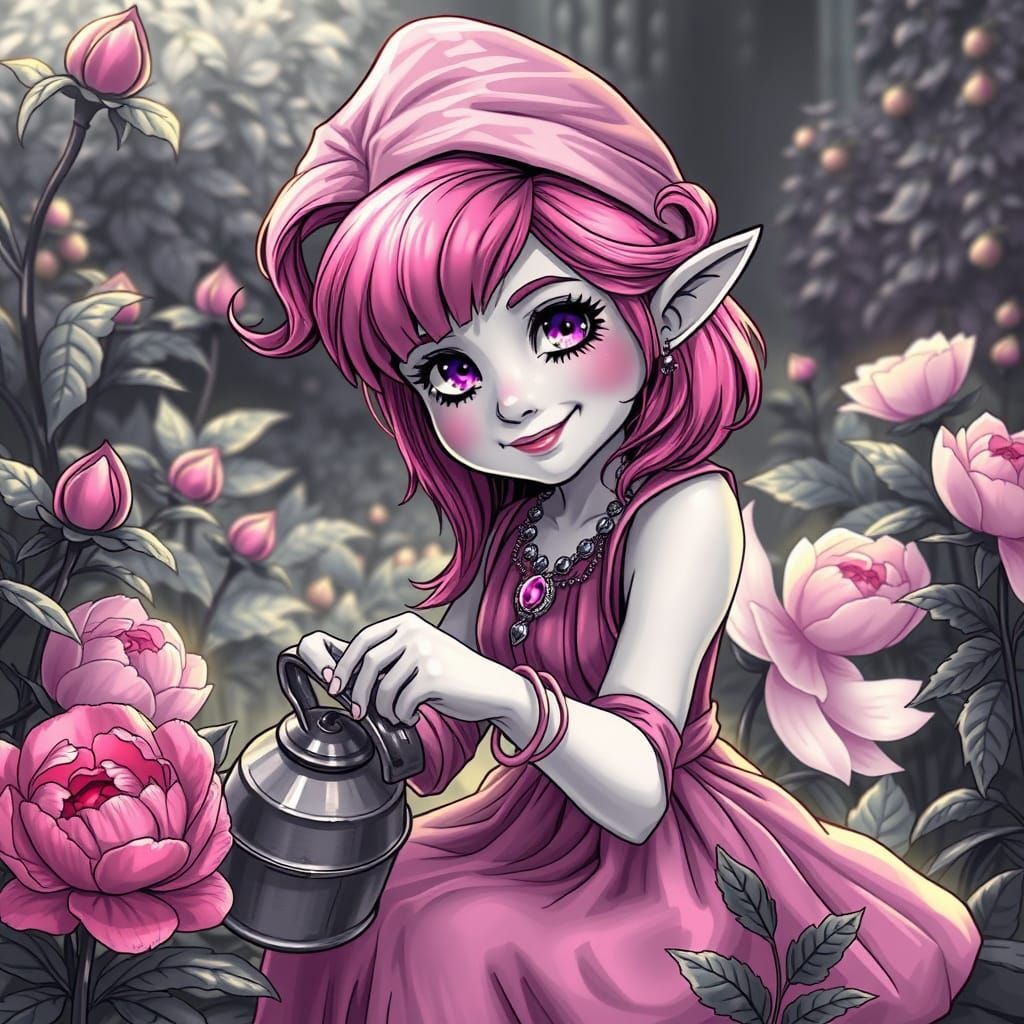 Pink-Haired Gnome in Mystical Garden, Black and White Line A...