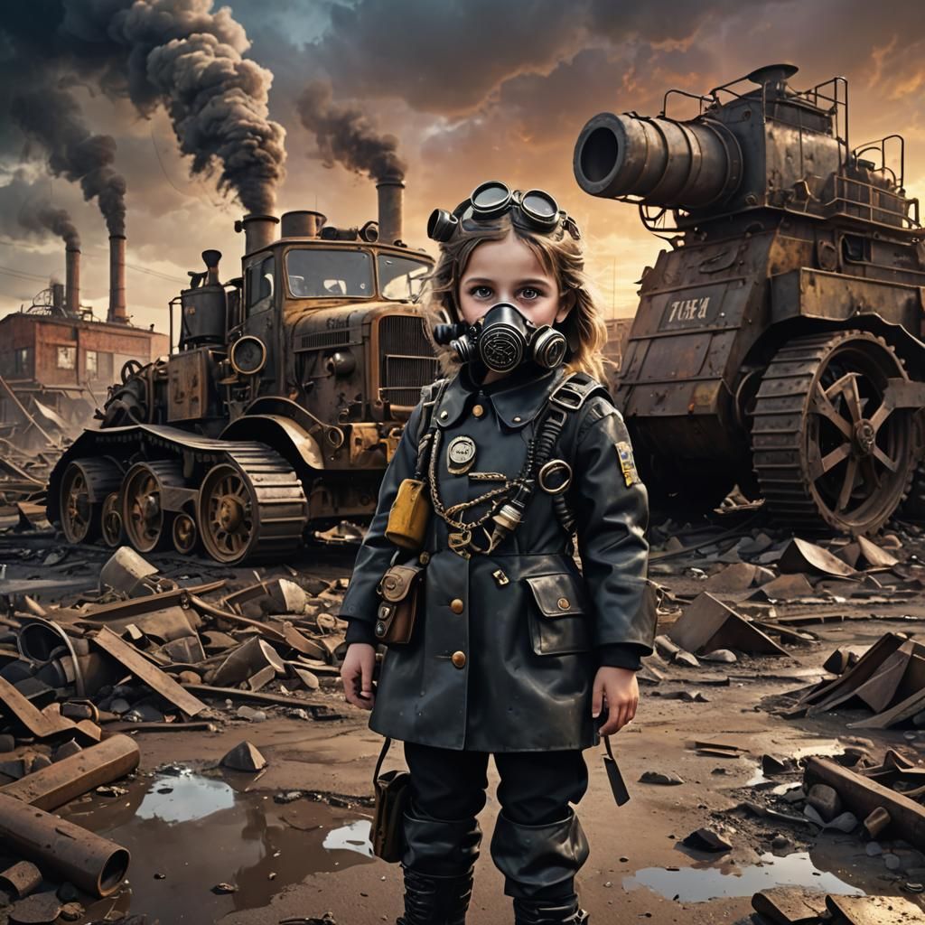 Dieselpunk Girl Officer in Wasteland Sunset