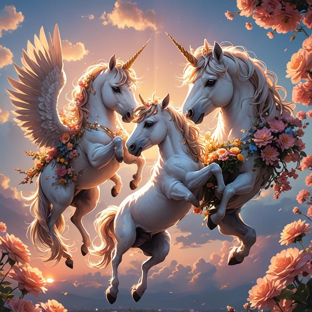Baby Unicorn and Mother Flying at Sunset