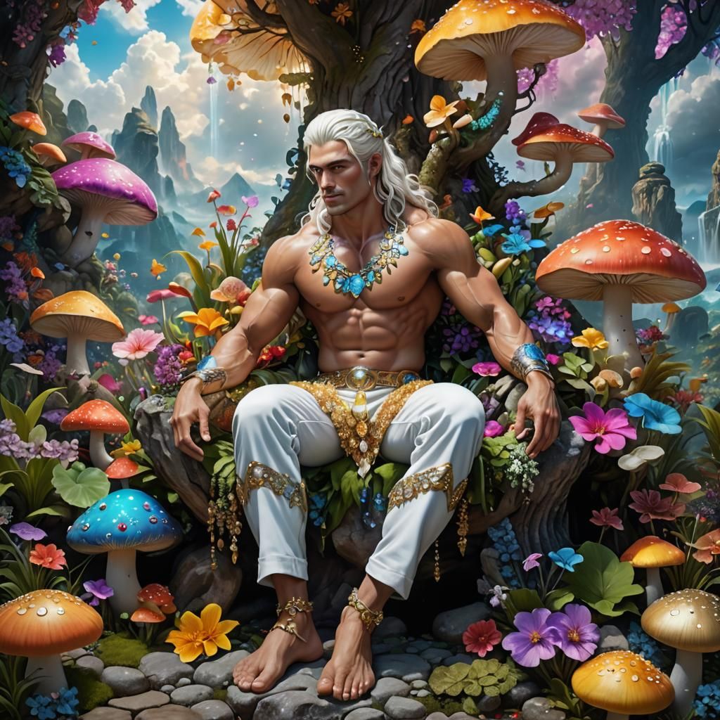 Hyperreal Barefoot Man in Bioluminescent Garden