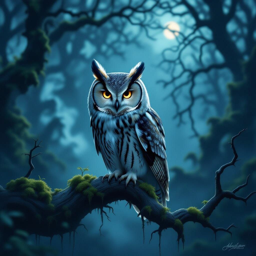 Ancient Owl in Misty Twilight Forest, Fantasy Art