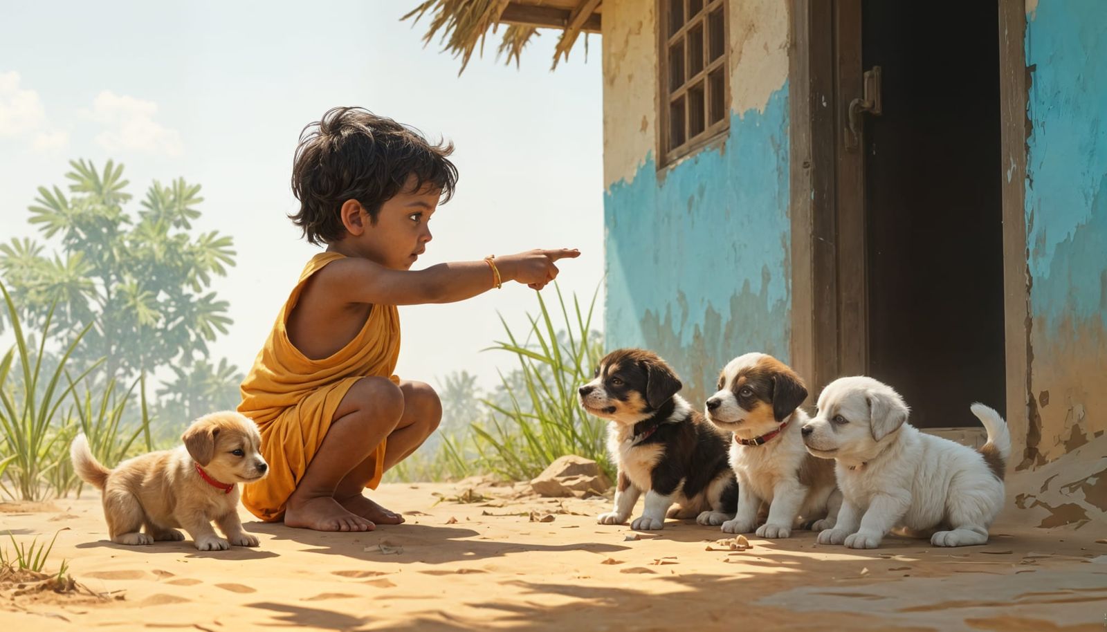 Cute Indian Boy Plays With Puppies in Village Home