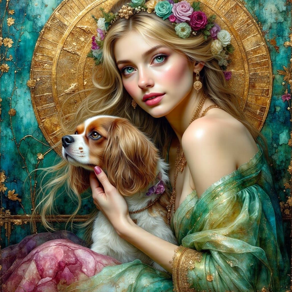 Sensual Woman with Cavalier, Hyperdetailed Oil Painting