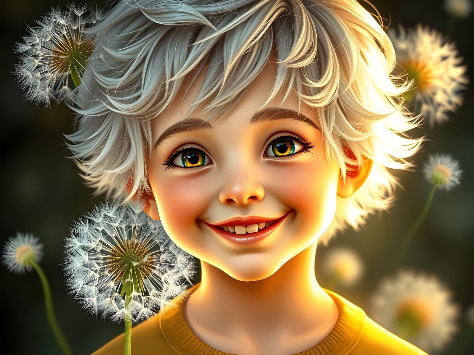 Cheerful Dandelion Boy Portrait in Detailed Art Style