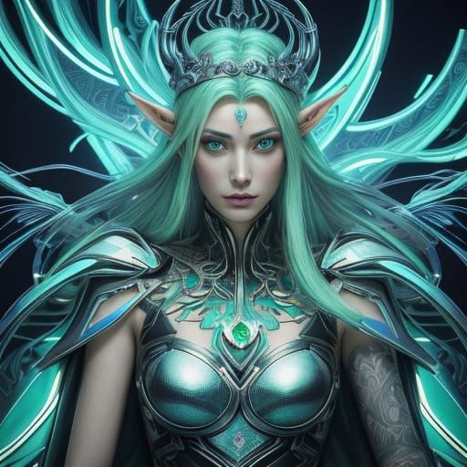 Cyberpunk Elven Queen on Moonlight Throne