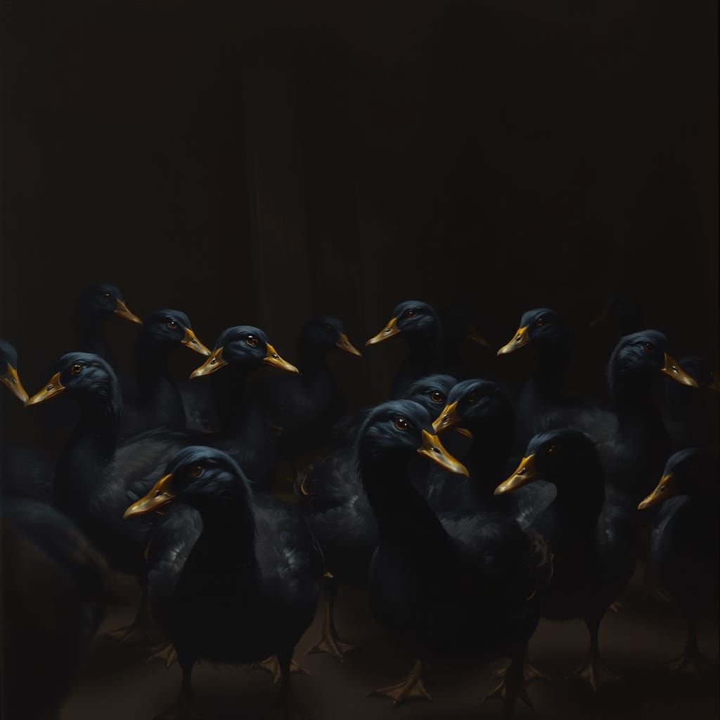 Atmospheric Oil Painting of Black Ducks in Shadow