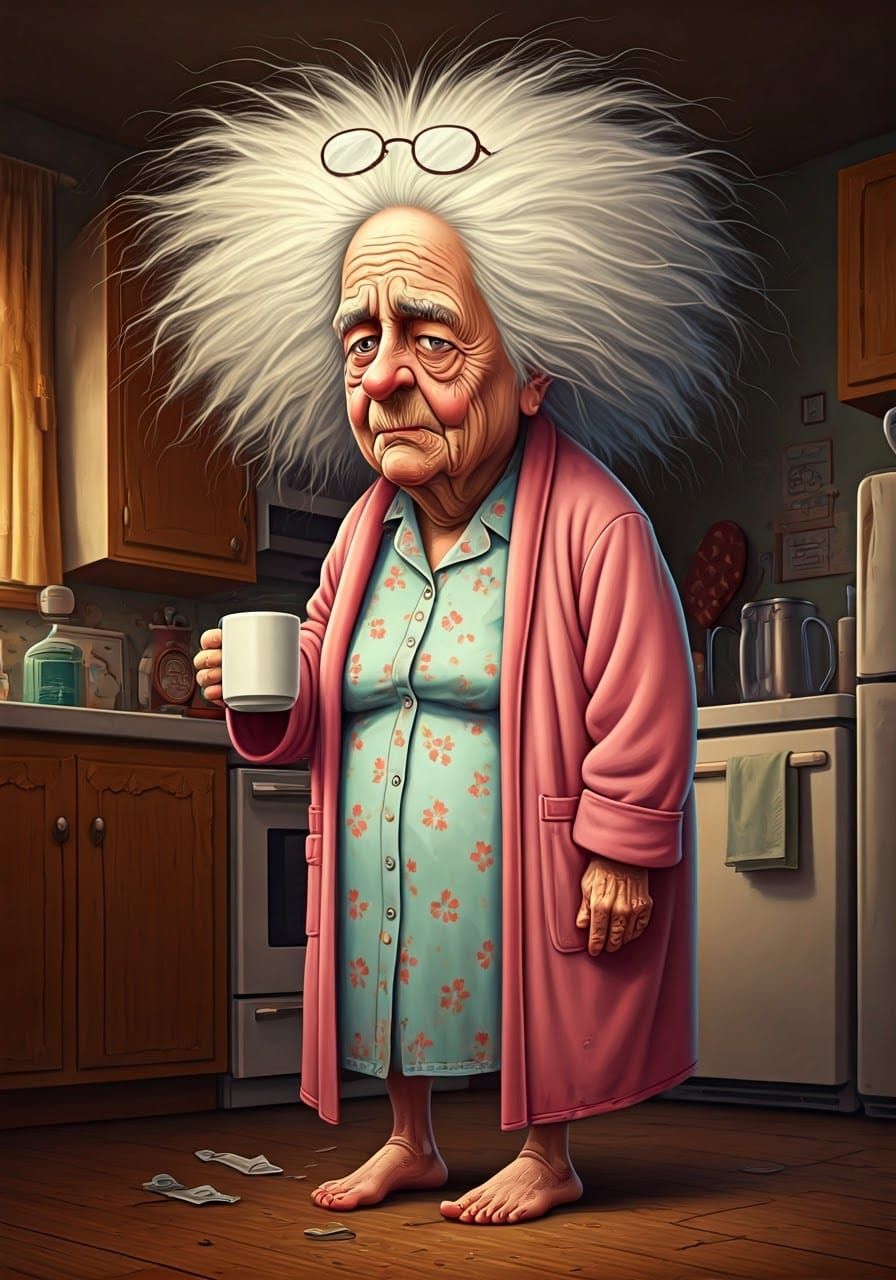 Humorous Caricature of a Tired Old Woman in Digital Art