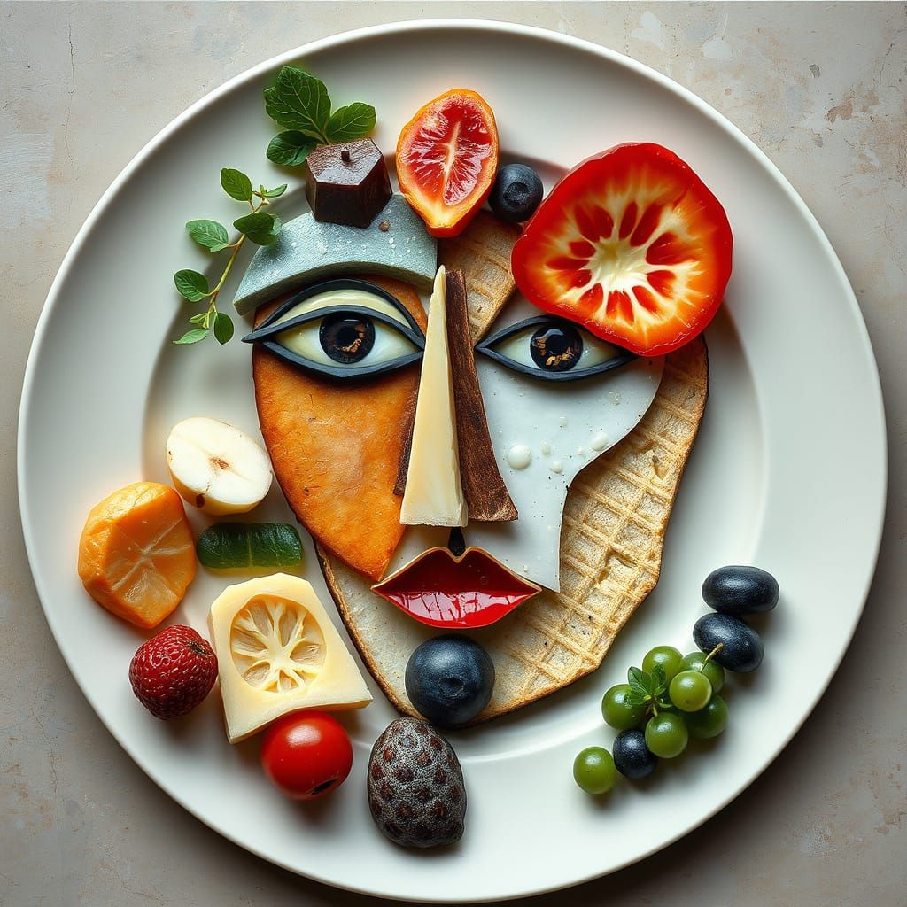 Surreal Food Plate Portraits in Cubist Style