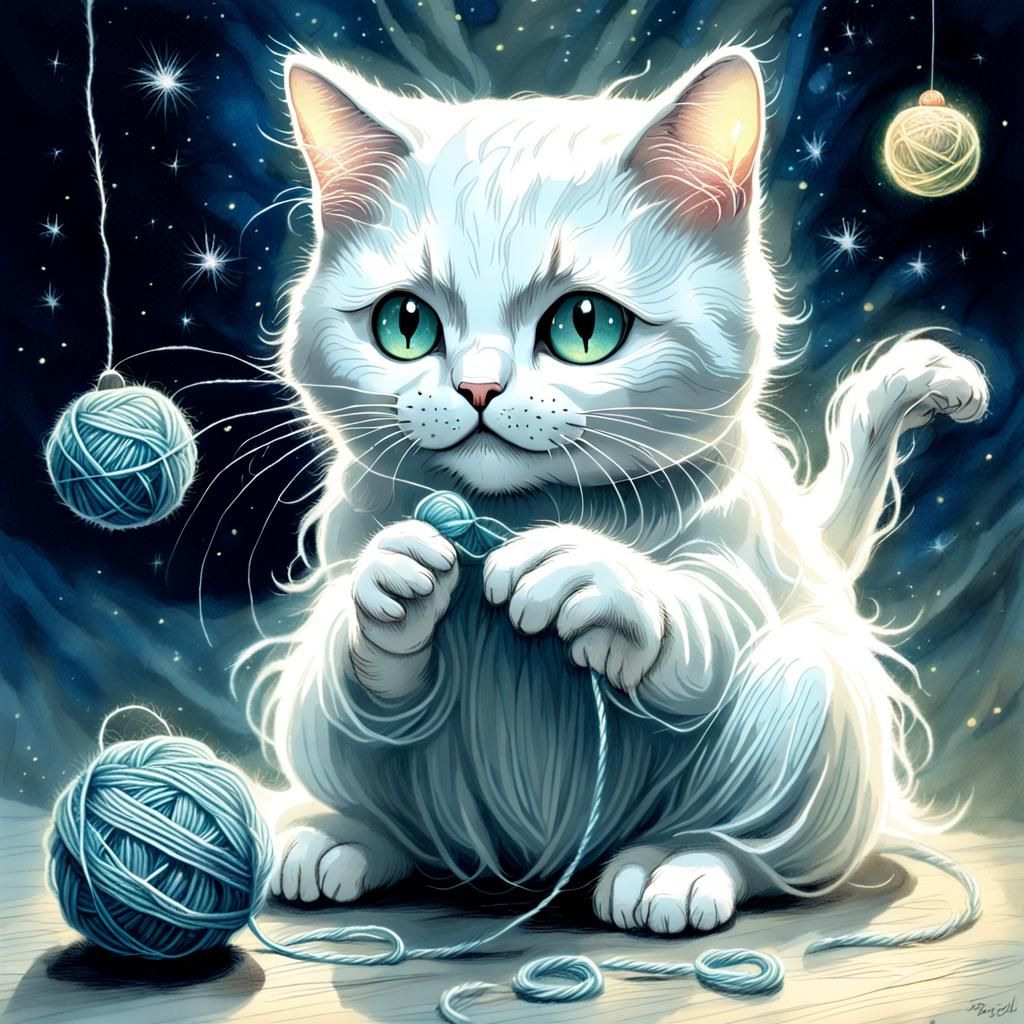 Ghost Cat Playing with Yarn in Etching Illustration