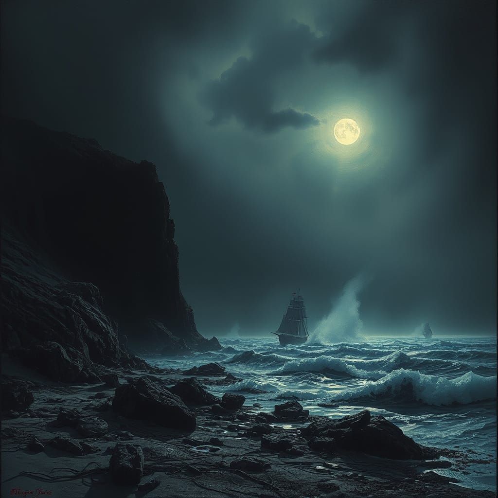 Mysterious Coastline Under Darkened Skies