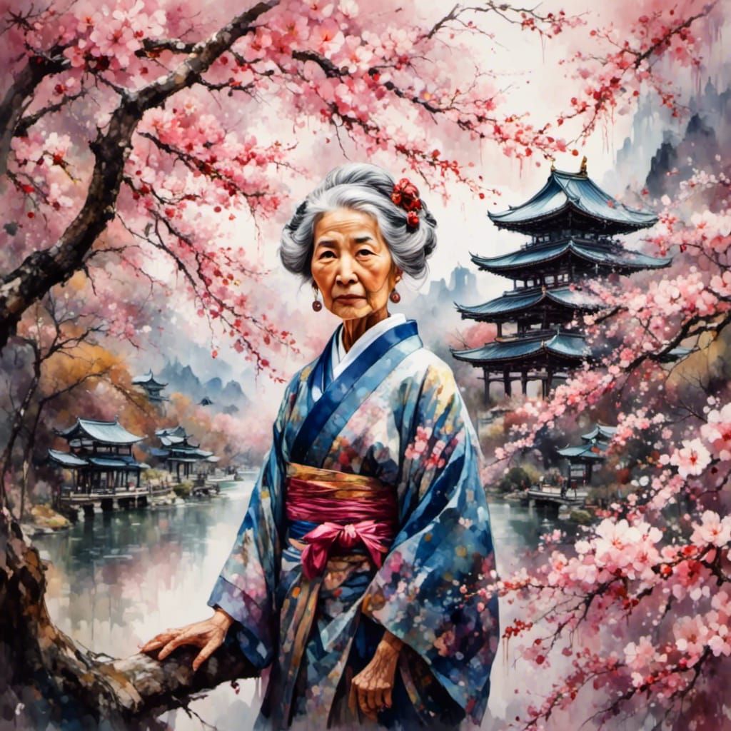 Watercolor Portrait: Japanese Lady Among Sakura Blossoms