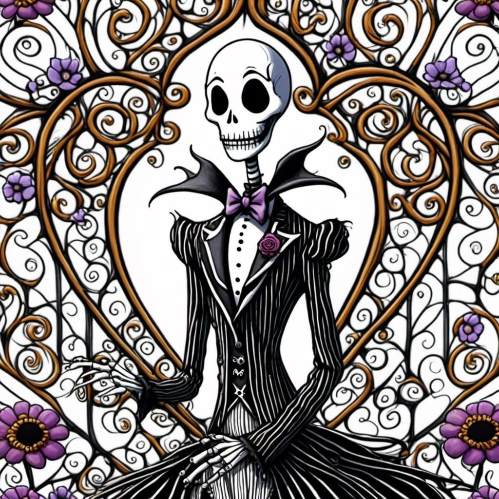 Jack Skellington Linework with Heart Flowers
