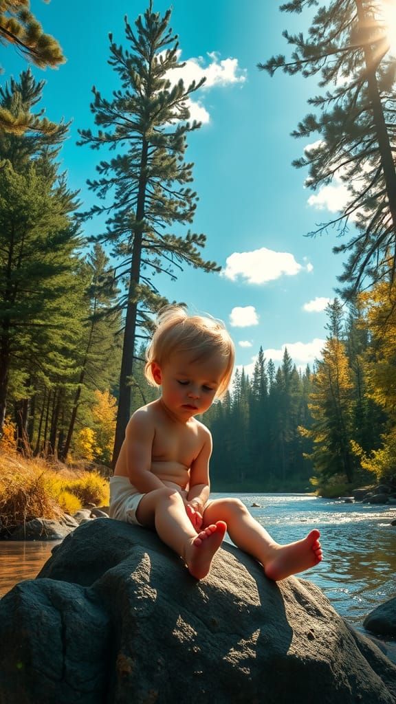 Child in Forest Sunlight: Hyperrealistic Splash Art