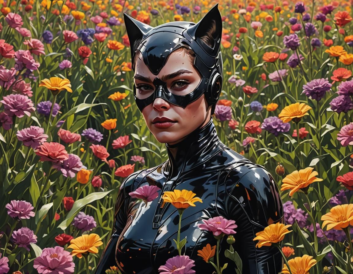 Hyperrealistic Catwoman in Flower Field