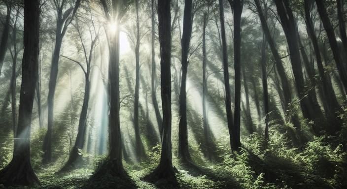 Ethereal Light Beams Through Forest Canopy