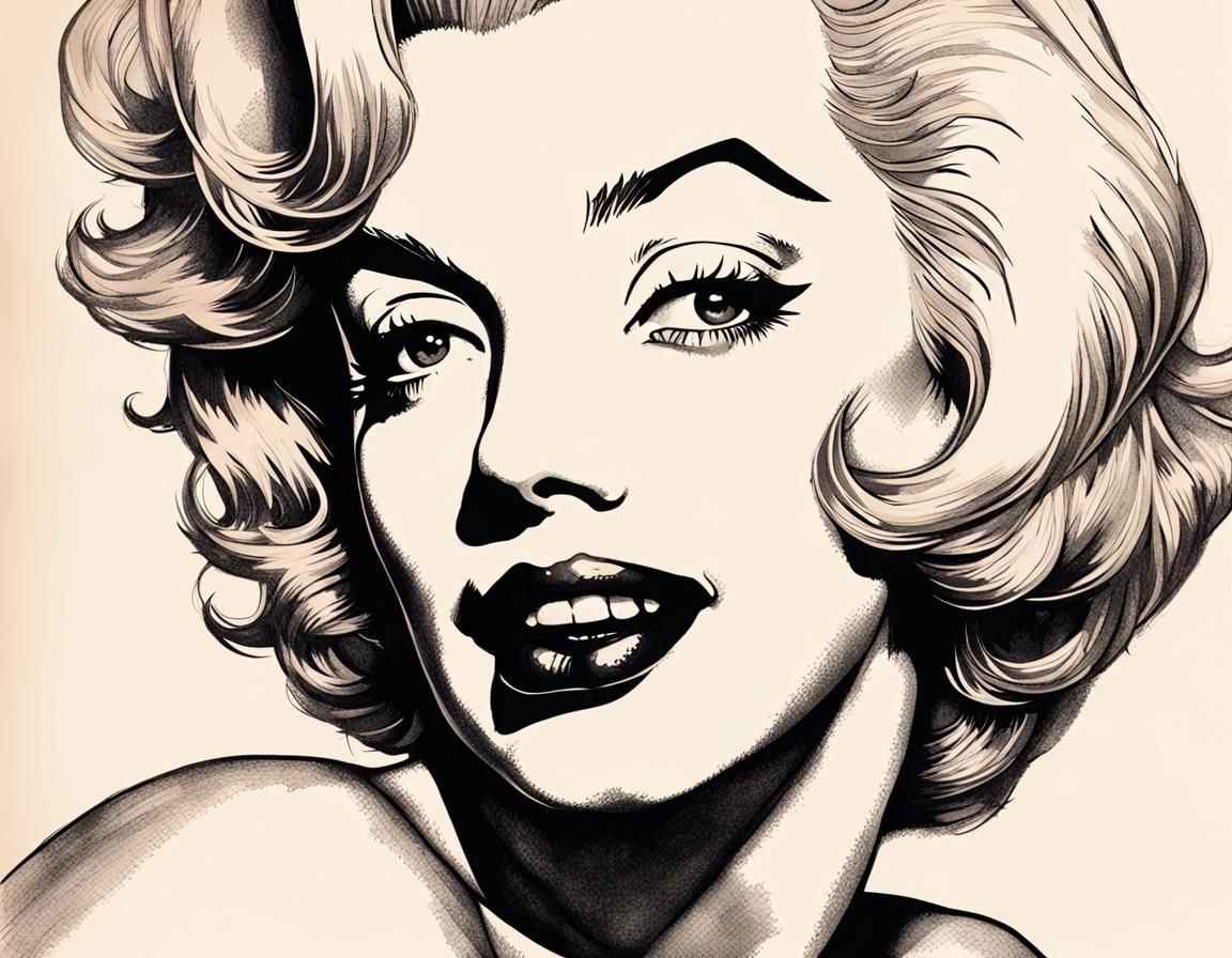 Orange Marilyn Monroe Portrait in Creepy Ink Drawing Style