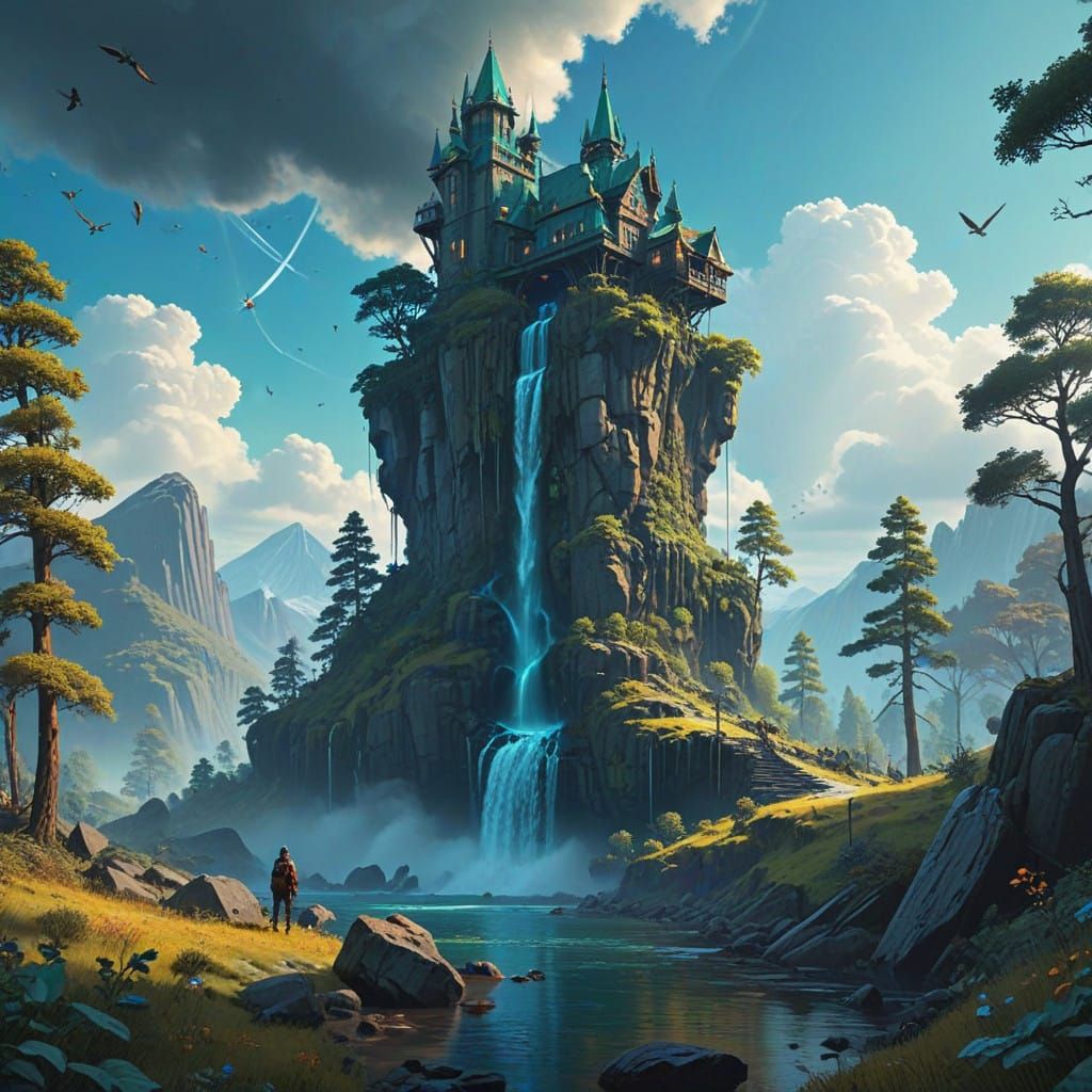 Serene Foothill Oasis with Majestic Waterfalls and Lush Gree...