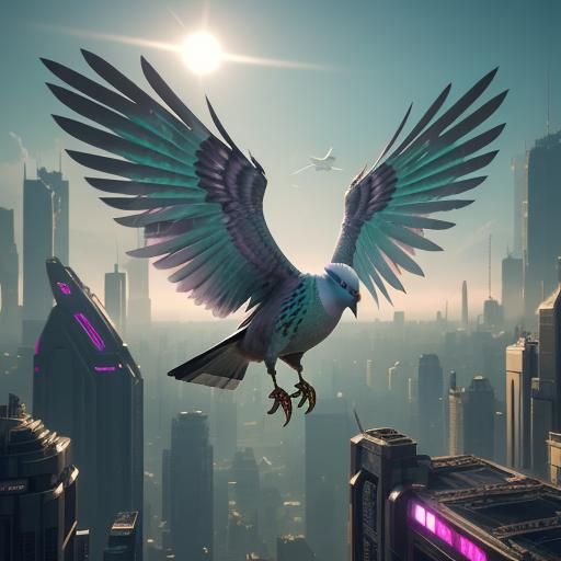Cyberpunk Pigeon Ascending to the Sun