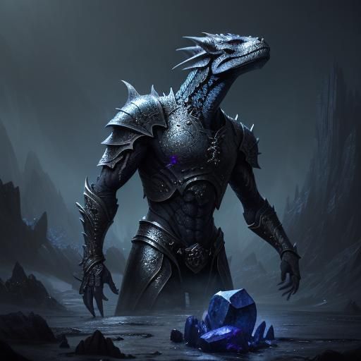 Silver Dragonborn at Sapphire Realm: Dark Fantasy Art