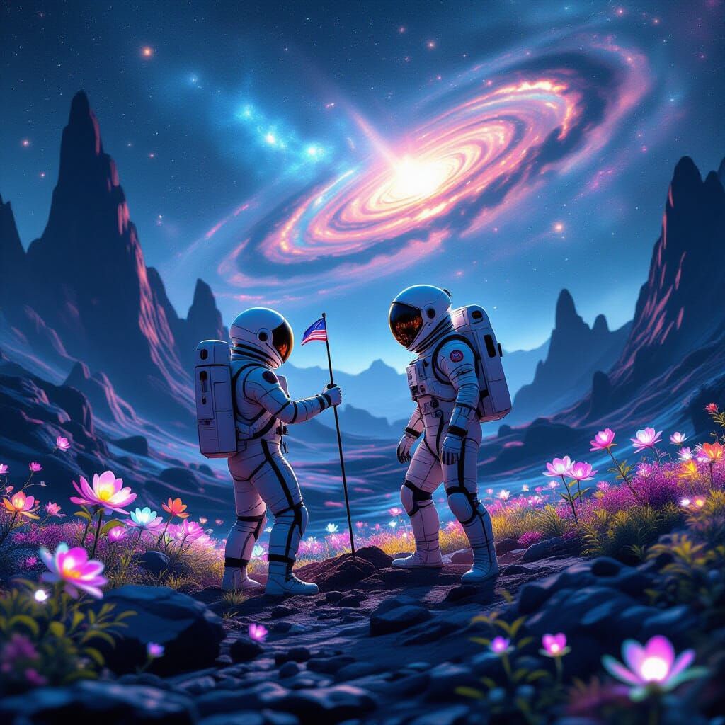 Astronaut Plants Flag on Alien World Under Nebula Sky