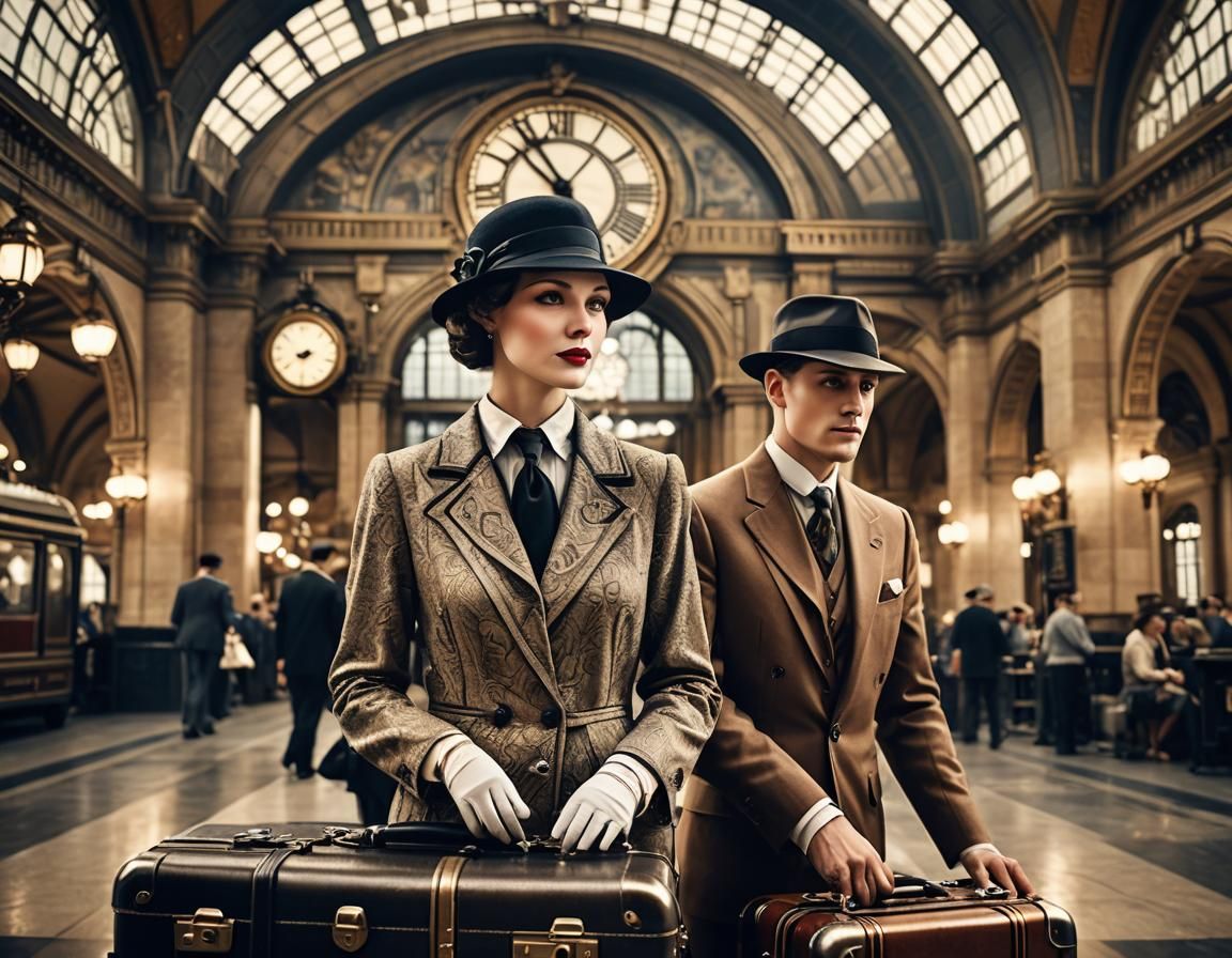 Elegant Couple at an Art Deco Train Station