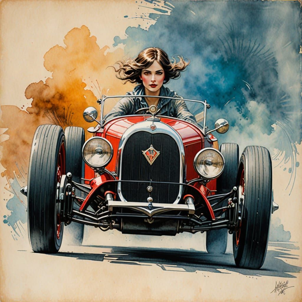 Vintage Roadster Racing Beauty in Bold Dark Outlines