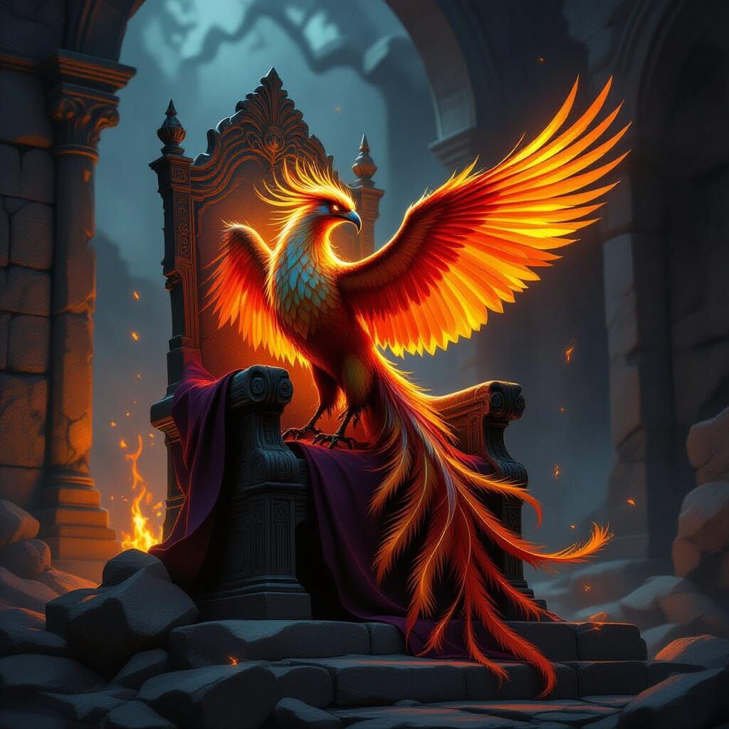 Regal Phoenix on Ancient Throne in Dark Fantasy Style