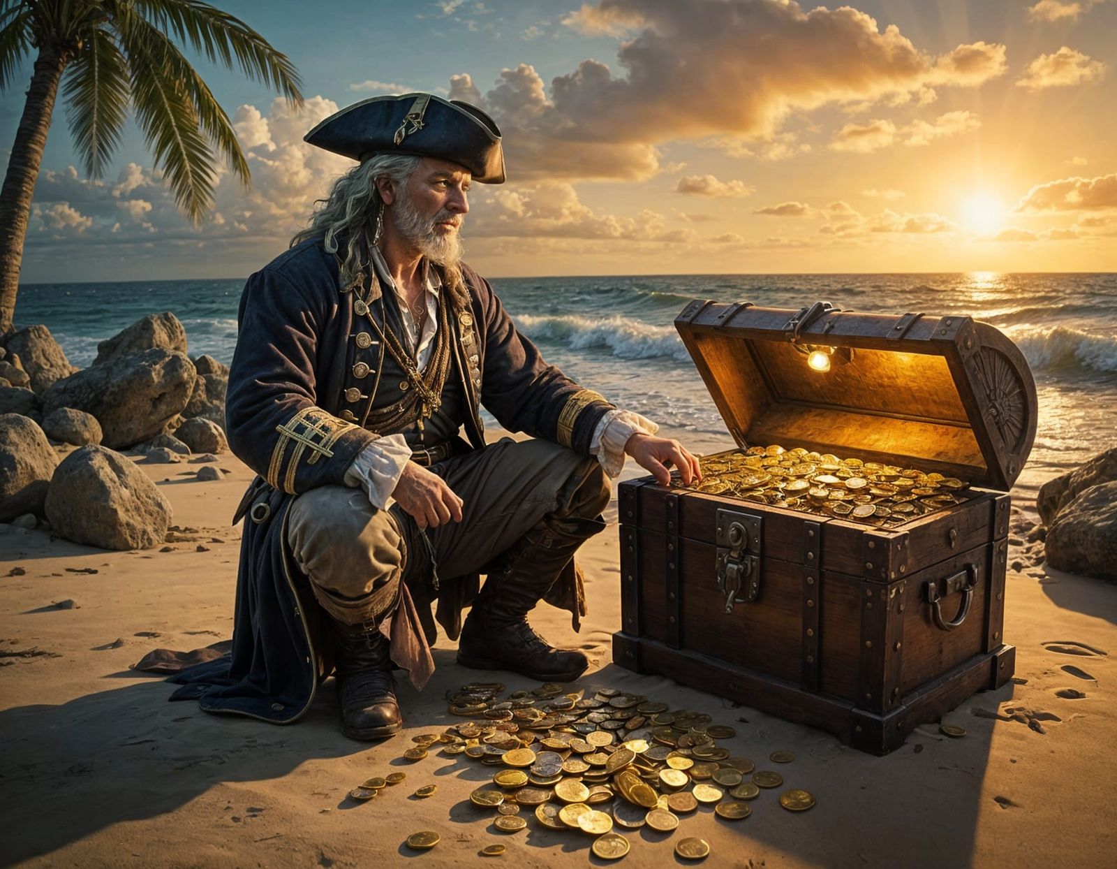 Pirate Captain and Sunken Treasure: Oil Painting