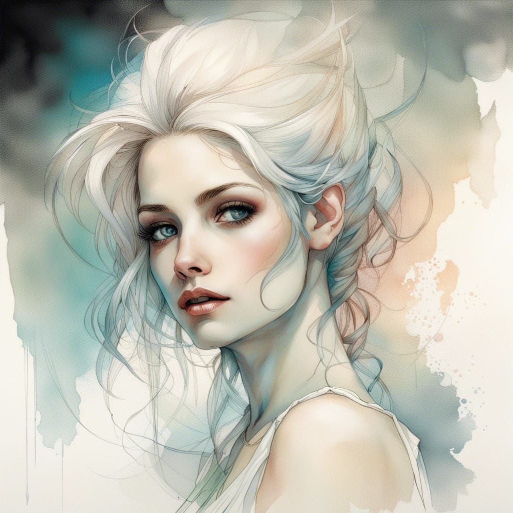 Beautiful Woman Portrait in Mixed Media Style